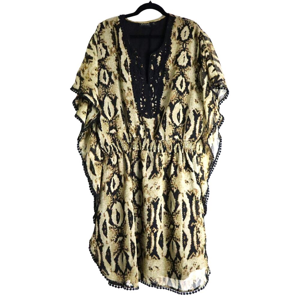 Vintage Kaftan Dress Short Snakeskin Embroidered Tan Black 2X Cassee's Summer